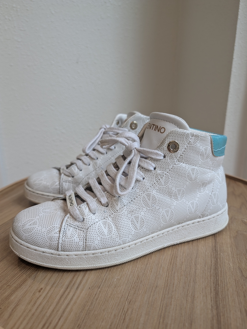 Valentino White Leather High-Top Sneakers with Teal Heel Accent Gold Lettering
